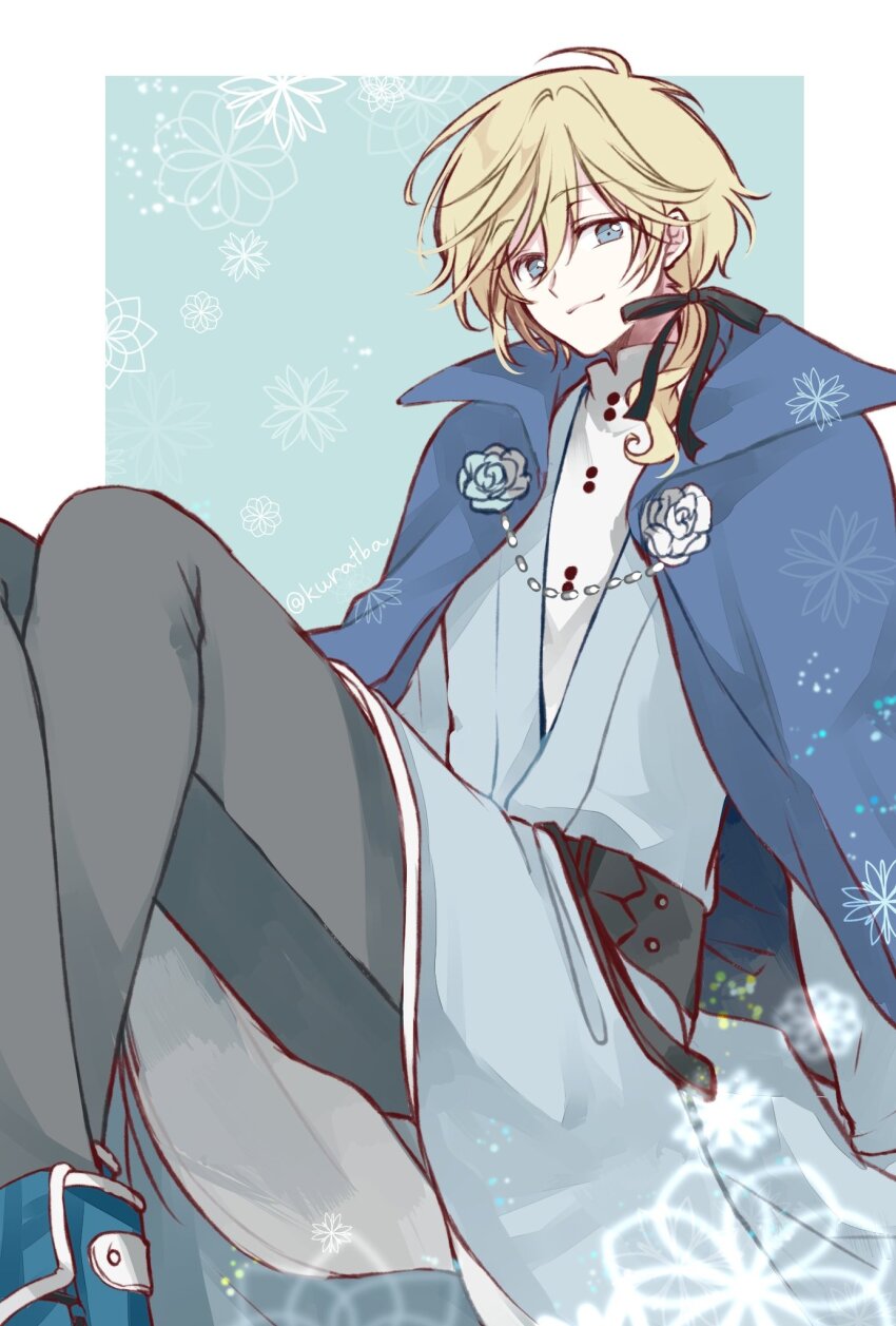 1boy :3 belt black_belt black_ribbon black_sash blonde_hair blue_background blue_cape blue_eyes blue_footwear blue_kimono border cape commentary corsage crossed_legs fai_d._flowright feet_out_of_frame floral_background flower grey_pants hair_between_eyes hair_over_shoulder hair_ribbon hand_up highres japanese_clothes kimono kurabayashi long_sleeves looking_at_viewer low_ponytail male_focus mandarin_collar medium_hair outside_border pants pinching_sleeves ponytail ribbon rose sash shirt sitting smile solo symbol-only_commentary tsubasa_chronicle white_border white_flower white_rose white_shirt wide_sleeves