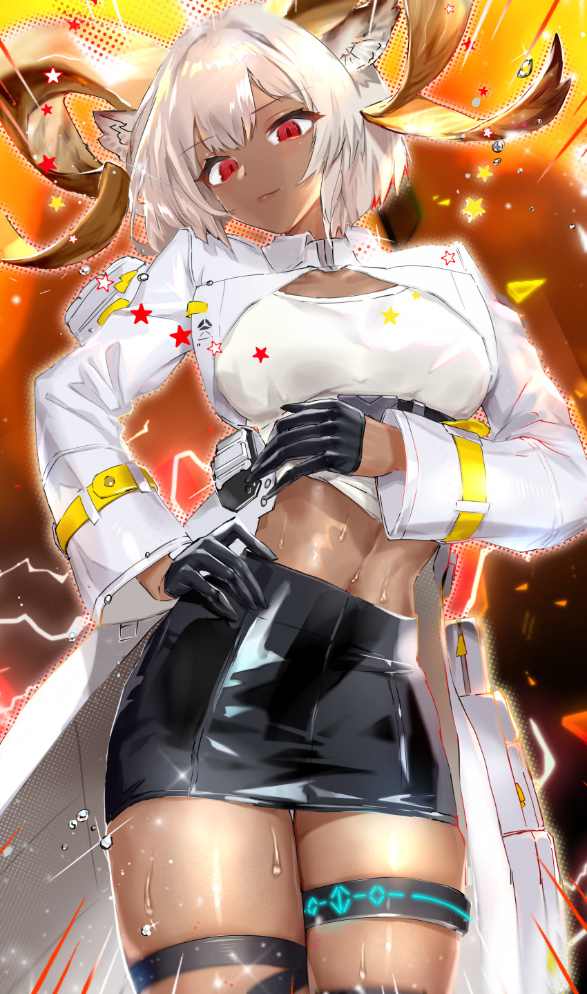1girl absurdres animal_ears arknights black_gloves black_skirt breasts carnelian_(arknights) dark-skinned_female dark_skin gloves goat_ears goat_girl goat_horns gold_horns half_gloves highres horns infection_monitor_(arknights) jacket large_breasts long_sleeves looking_at_viewer midriff miniskirt red_eyes shirt short_hair skirt solo sweat tekona0 thigh_strap white_hair white_jacket white_shirt