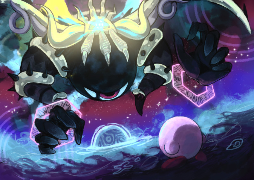 absurdres colored_skin crown harufune highres horns kirby kirby&#039;s_return_to_dream_land_deluxe kirby_(series) looking_at_another magolor magolor_soul master_crown nintendo no_humans pink_skin rayman_limbs signature sparkle wings