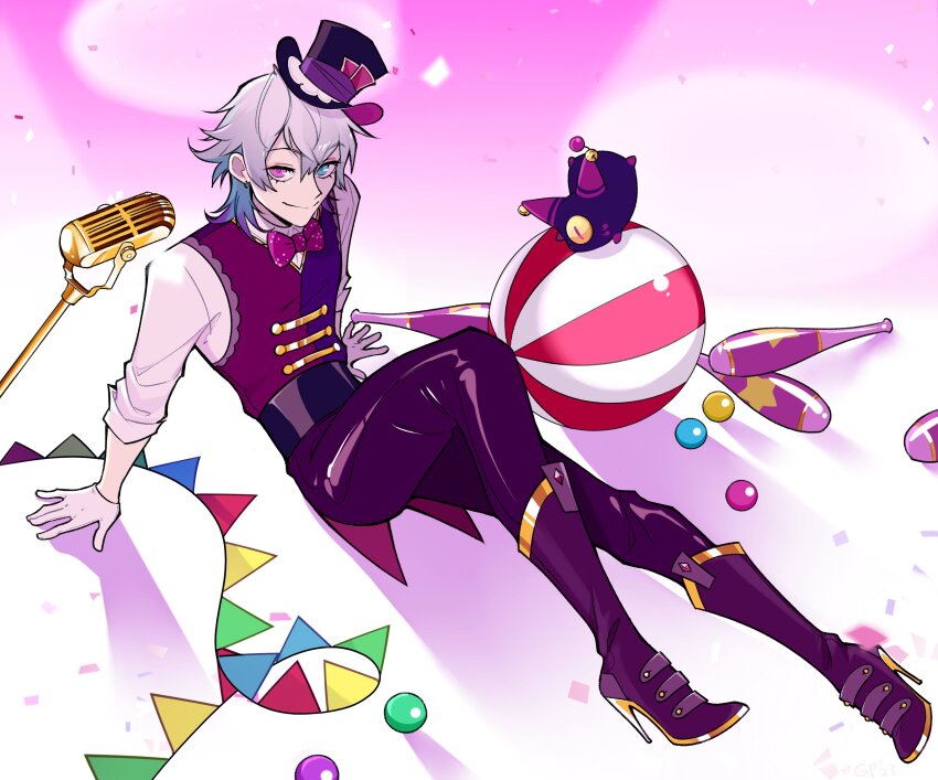 1boy absurdres backlighting black_pants blue_eyes blue_hair boots bow bowtie commentary earrings english_commentary gavis_bettel gigglepox gloves grey_hair hair_between_eyes hat heterochromia high_heel_boots high_heels highres holostars holostars_english jewelry juggling_club leaning_back leg_up looking_at_viewer male_focus microphone_stand multicolored_hair on_floor pants phantom_(gavis_bettel) pink_eyes pink_hair shiny_clothes shirt simple_background smile solo spotlight string_of_flags top_hat vest virtual_youtuber white_gloves white_hair white_shirt
