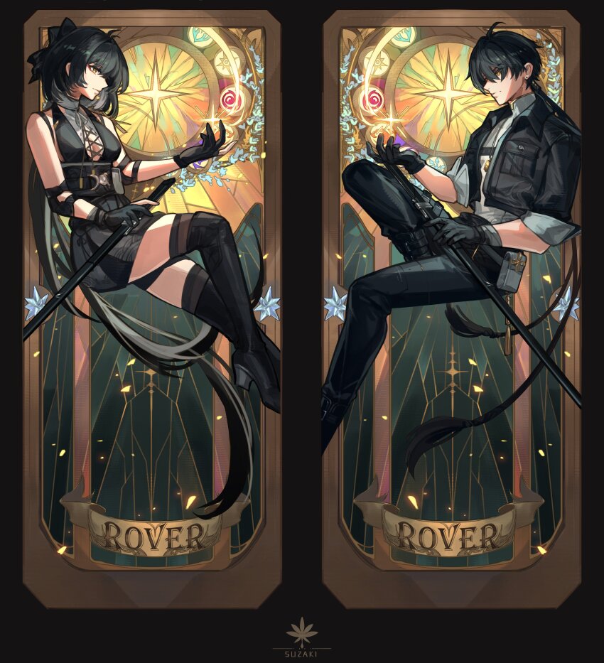 1boy 1girl absurdres ahoge artist_logo artist_name bare_shoulders black_boots black_bow black_gloves black_hair black_jacket black_pants black_thighhighs boots bow card_(medium) character_name closed_mouth collared_jacket commentary cross-laced_clothes cross-laced_dress dress dual_persona earrings elbow_pads english_commentary female_rover_(wuthering_waves) from_side gloves grey_shirt grey_undershirt hair_bow hair_extensions hand_up highres holding holding_sheath jacket jewelry logo long_hair looking_at_object male_rover_(wuthering_waves) necklace pants partially_fingerless_gloves ring_hair_extensions rover_(wuthering_waves) sheath shirt sitting sleeveless sleeveless_dress sleeves_rolled_up steve_zheng sword thigh_boots thighhighs thighhighs_under_boots thighs very_long_hair weapon wuthering_waves yellow_eyes