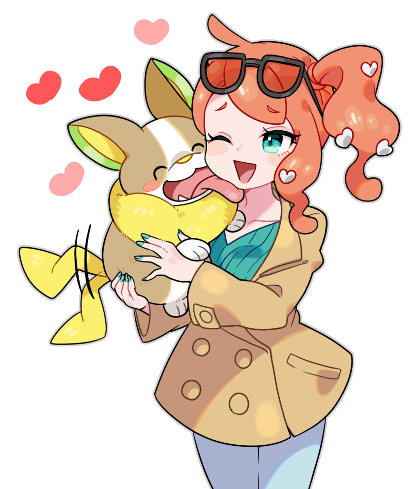 1girl ;d animal aqua_eyes aqua_sweater black-framed_eyewear blue_pants blush_stickers brown_jacket closed_eyes commentary_request dog eyelashes eyewear_on_head game_freak gen_8_pokemon hair_ornament heart heart_hair_ornament highres holding holding_animal holding_pokemon jacket licking licking_another&#039;s_face medium_hair motion_blur nintendo one_eye_closed open_mouth orange_hair pants pokemon pokemon_(creature) pokemon_swsh red-tinted_eyewear shichi_(ponpeex) side_ponytail simple_background smile sonia_(pokemon) sunglasses sweater tail tail_wagging tinted_eyewear tongue tongue_out v-neck white_background yamper