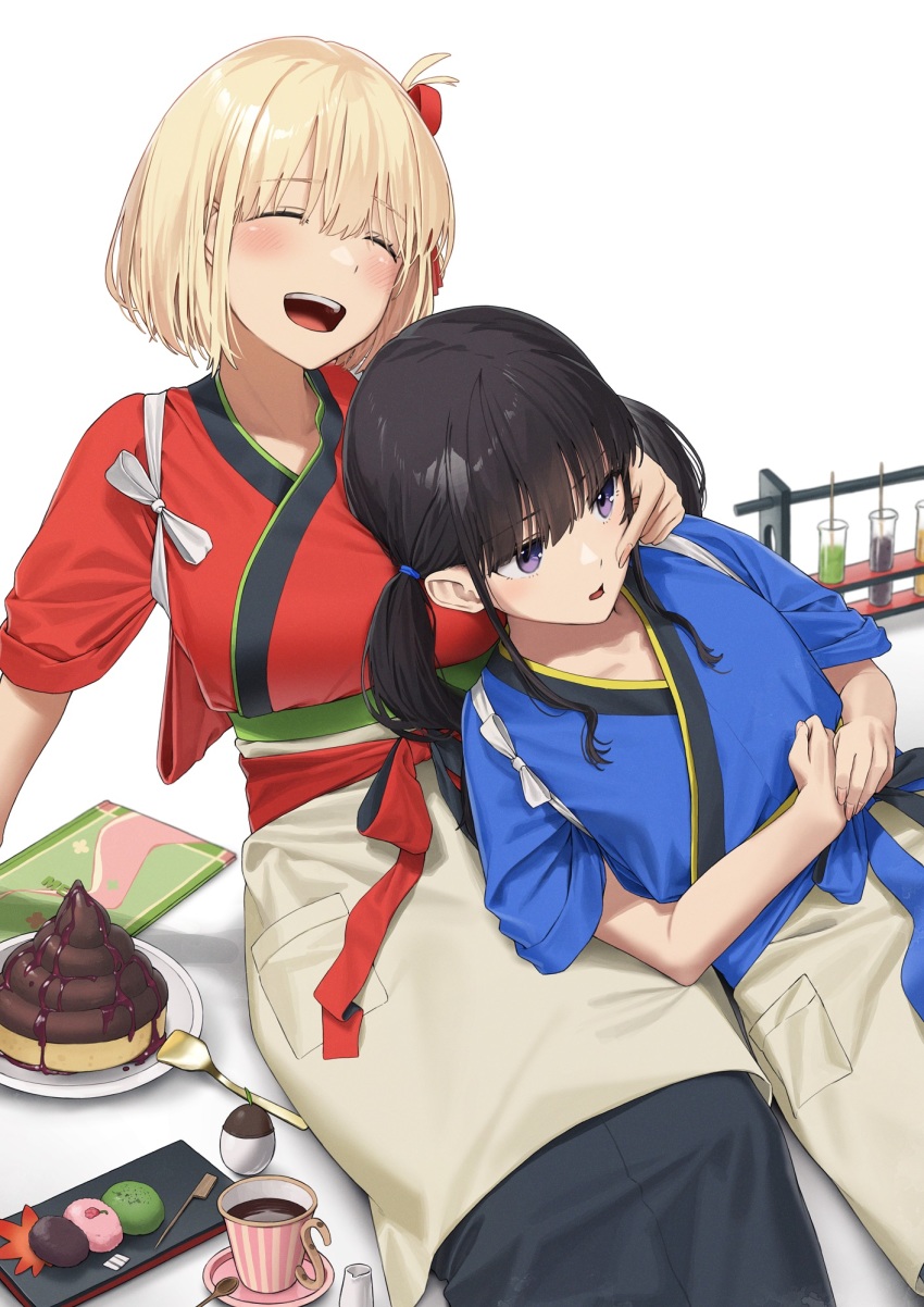 2girls :d :o apron black_hair blonde_hair blush breasts brown_apron closed_eyes cup food hair_ribbon highres inoue_takina large_breasts low_twintails lycoris_recoil medium_breasts multiple_girls nishikigi_chisato noeru open_mouth parfait poop purple_eyes red_ribbon ribbon short_hair short_sleeves sitting small_breasts smile spoon twintails