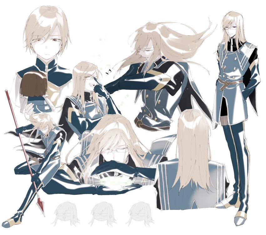 1boy adjusting_eyewear aged_down arms_behind_back blue_boots blue_gloves blue_jacket boots brown_hair closed_eyes commentary_request elbow_gloves fighting_stance from_behind full_body glasses gloves highres holding holding_polearm holding_weapon jacket jade_curtiss long_hair military_uniform momiji409 multiple_views musical_note open_mouth polearm red_eyes short_hair smile tales_of_(series) tales_of_the_abyss thigh_boots upper_body weapon white_background