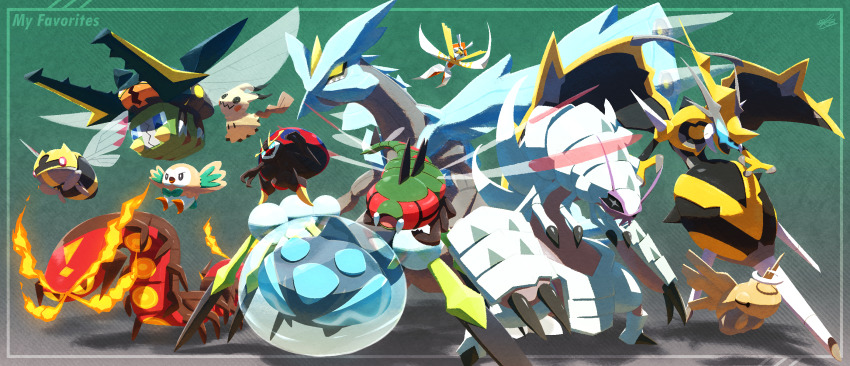 alternate_color araquanid black_eyes blue_eyes bright_pupils bug centiskorch charjabug claws commentary_request ewokakukaede fire framed gen_3_pokemon gen_4_pokemon gen_5_pokemon gen_7_pokemon gen_8_pokemon golisopod green_background highres kartana kyurem legendary_pokemon mimikyu naganadel ninjask nintendo orbeetle pokemon red_eyes rowlet shedinja shiny_pokemon signature standing tusks ultra_beast vikavolt white_pupils yanmega