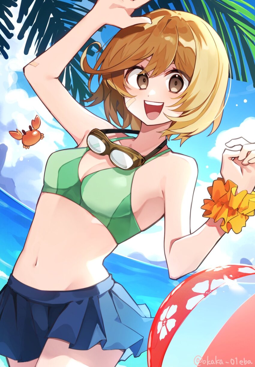 1girl ball beachball bikini blue_skirt blue_sky borrowed_character brown_hair cloud crab day dutch_angle goggles goggles_around_neck green_bikini highres kantai_collection midriff navel oboro_(kancolle) oboro_(swimsuit)_(kancolle) open_mouth orange_scrunchie outdoors palm_leaf pleated_skirt scrunchie short_hair skirt sky smile solo swimsuit teeth tsumikitsuki_(katsuobushi) upper_teeth_only water wrist_scrunchie