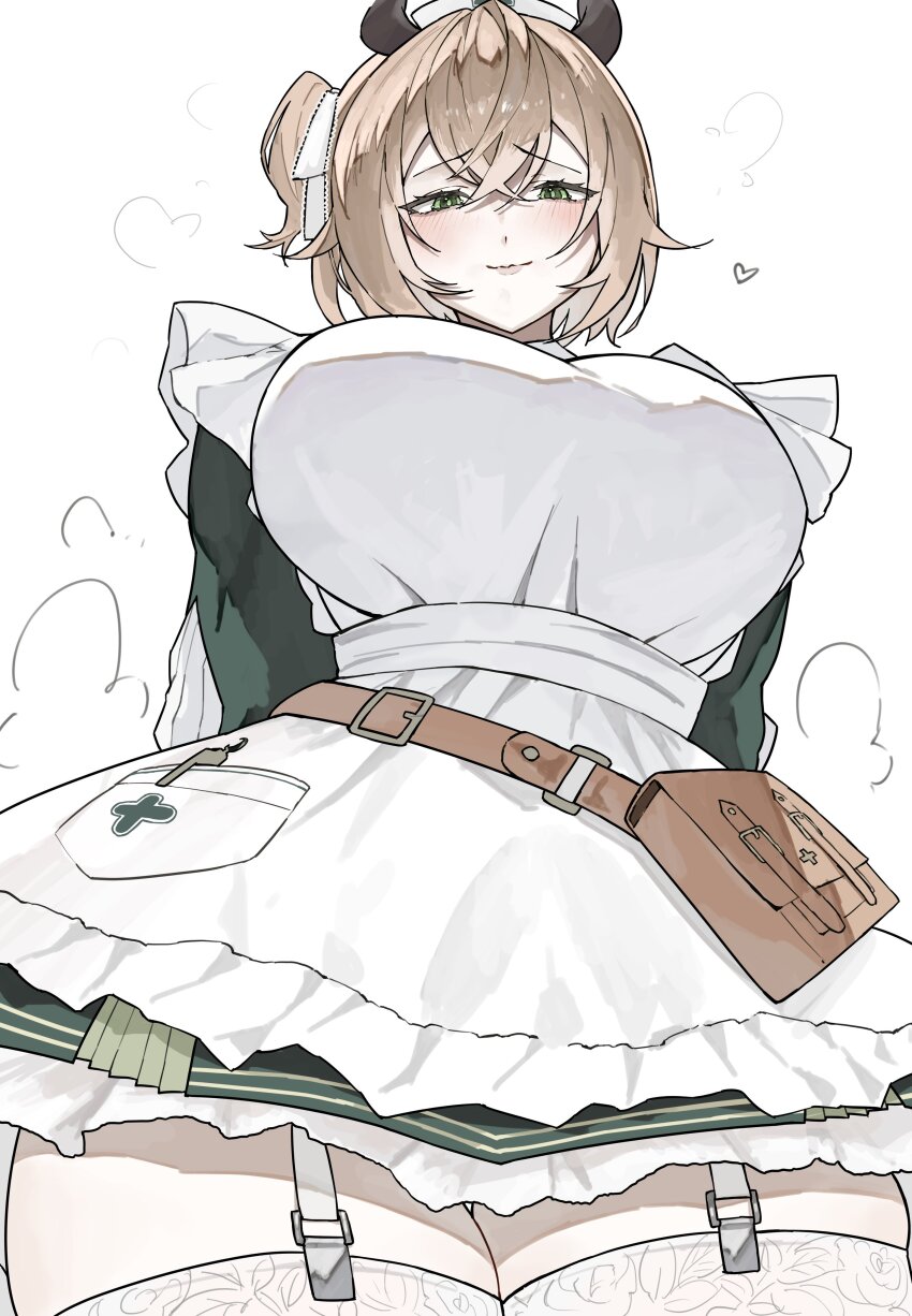 1girl absurdres animal_ears apron blush breasts brown_hair dress ewn green_dress green_eyes hair_between_eyes hat highres indie_virtual_youtuber large_breasts looking_at_viewer medium_hair nimi_nightmare nurse_cap one_side_up round_collar simple_background smile solo tapir_ears tapir_girl thighhighs virtual_youtuber white_apron white_background