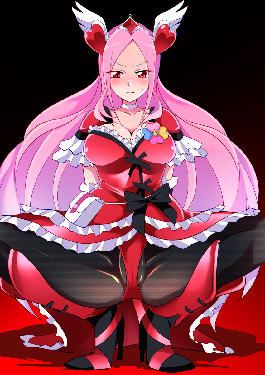 1girl absurdres black_pantyhose blush boots breasts cameltoe choker closed_mouth clover_brooch commentary_request commission cure_passion dress fresh_precure! frilled_dress frills frown hair_ornament heart heart_hair_ornament higashi_setsuna high_heel_boots high_heels highres knee_boots large_breasts long_hair looking_at_viewer magical_girl medium_dress mitsuki_tayura panties panties_over_pantyhose pantyhose partial_commentary pink_hair pixiv_commission precure red_boots red_dress red_eyes red_panties shadow solo spread_legs squatting sweatdrop underwear very_long_hair white_choker wing_hair_ornament