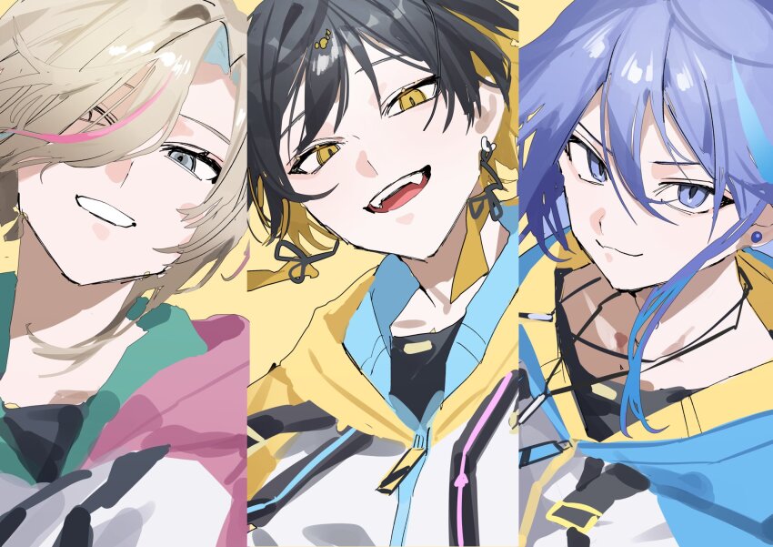 3boys :3 androgynous aqua_hair bishounen black_hair black_shirt blonde_hair blue_eyes blue_hair commentary earrings grey_eyes hair_between_eyes hair_over_one_eye highres holostars hood hoodie jacket jewelry long_hair long_sleeves looking_at_viewer male_focus minase_rio multicolored_hair multiple_boys pink_hair portrait purple_eyes purple_hair sakusya2honda shirt short_hair slit_pupils smile streaked_hair two-tone_hair utsugi_uyu virtual_youtuber yatogami_fuma yellow_eyes