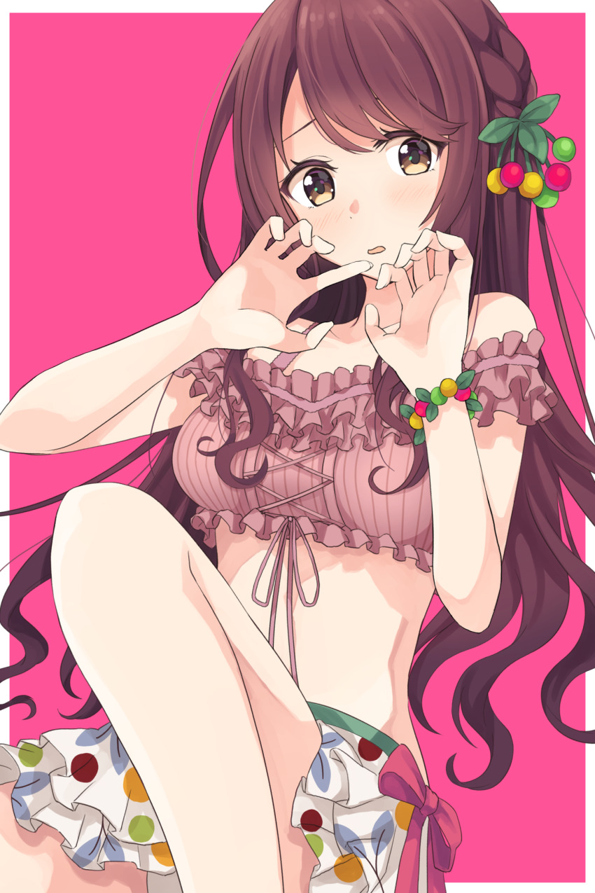 1girl bare_shoulders blush bracelet braid breasts brown_eyes brown_hair hair_ornament highres idolmaster idolmaster_shiny_colors jewelry long_hair looking_at_viewer medium_breasts midriff osaki_tenka shirousagi_una skirt solo swept_bangs