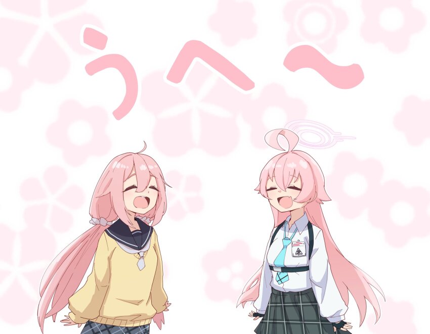 2girls ahoge blue_archive cardigan closed_mouth color_connection crossover fang fingerless_gloves gloves hair_color_connection halo hanamori_yumiri highres hoshino_(blue_archive) id_card kagamihara_nadeshiko long_hair long_sleeves multiple_girls necktie open_mouth pink_hair plaid_clothes plaid_skirt sailor_collar school_uniform scrunchie season_connection serafuku skirt suecovsky translation_request voice_actor_connection yurucamp
