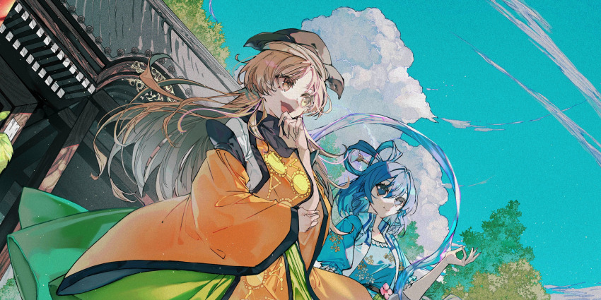 2girls blonde_hair blue_dress blue_eyes blue_hair blue_sky breasts closed_mouth cloud commentary constellation constellation_print day detached_sleeves dress drill_hair drill_sidelocks drum english_commentary floral_print flower from_below game_cg green_skirt hair_between_eyes hair_ornament hair_rings hair_stick hat highres instrument kaku_seiga light_particles long_hair long_sleeves looking_at_another matara_okina multiple_girls mura_karuki official_art open_clothes open_mouth open_vest orange_sleeves orange_tabard outdoors pink_flower print_dress shawl short_hair short_sleeves sidelocks skirt sky smile standing sun_print sun_symbol tabard third-party_source touhou touhou_lostword tree tsuzumi vest white_vest wide_sleeves yellow_eyes