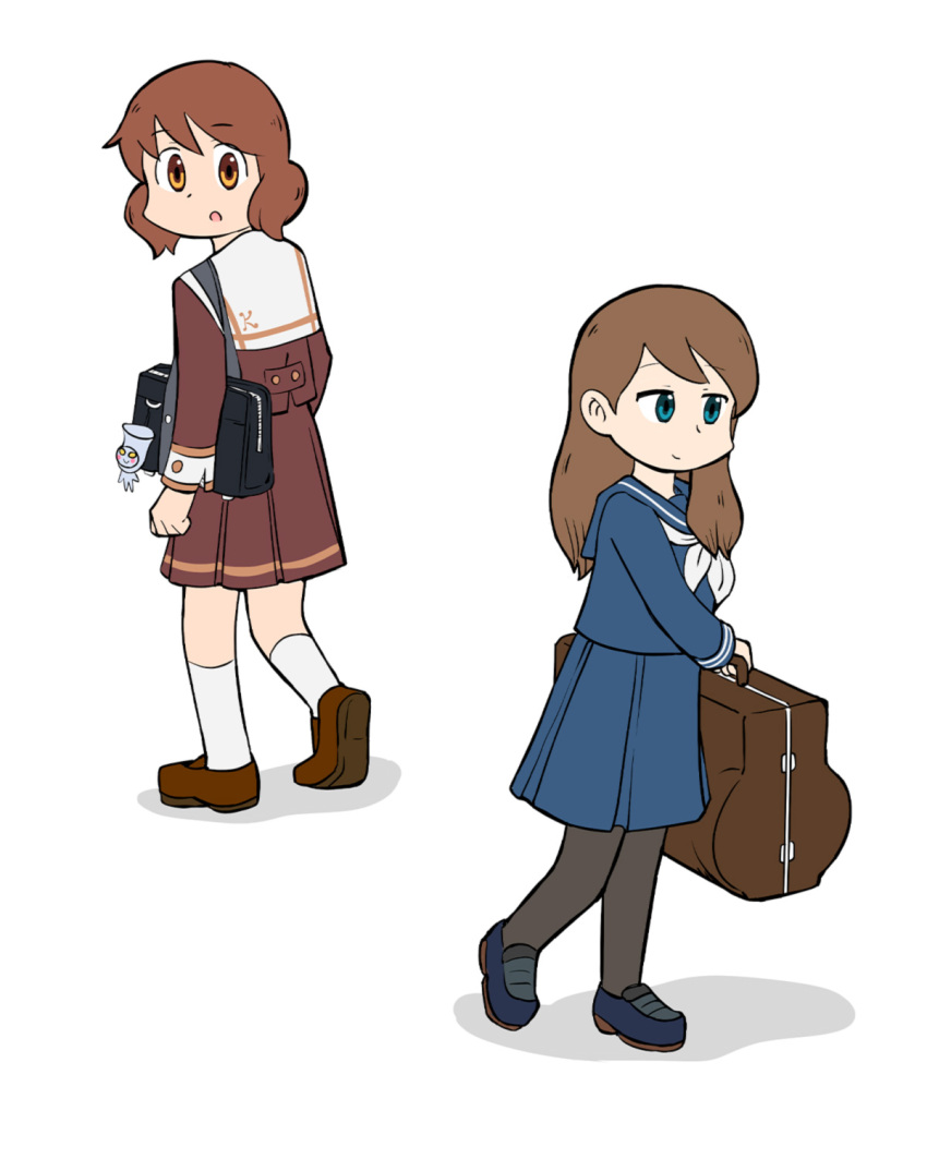 2girls alone_comic arawi_keiichi_(style) bag black_pantyhose blue_footwear blue_shirt blue_skirt brown_eyes brown_footwear brown_hair brown_jacket brown_skirt green_eyes hibike!_euphonium highres holding holding_bag holding_case instrument_case jacket kitauji_high_school_uniform kuroe_mayu loafers looking_at_another medium_hair multiple_girls neckerchief open_mouth oumae_kumiko pantyhose sailor_collar school_uniform shadow shirt shoes short_hair shoulder_bag simple_background skirt walking white_background white_neckerchief white_sailor_collar