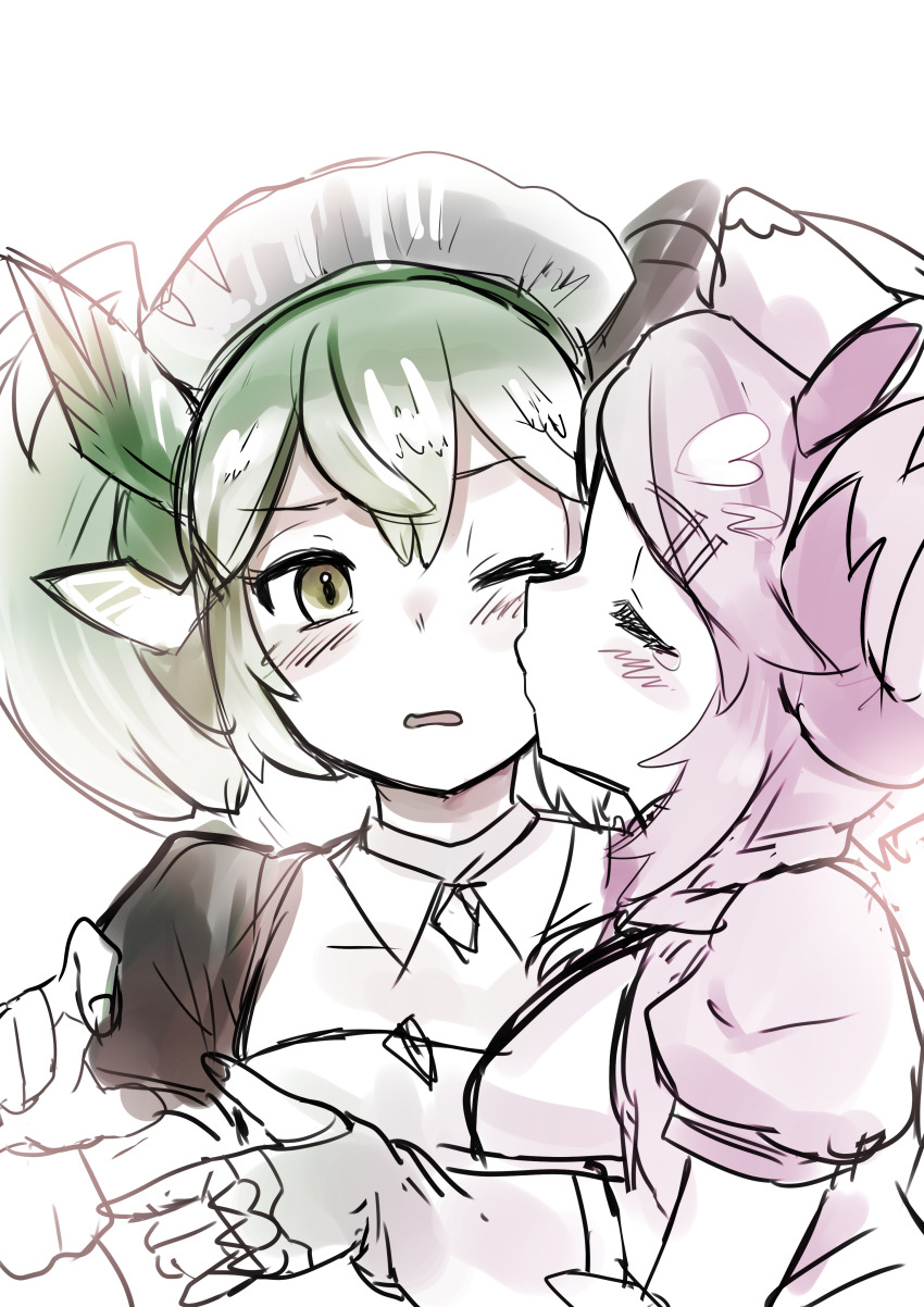 1girl absurdres blush closed_eyes collarbone dragon_girl dragon_horns duel_monster frilled_hairband frills green_hair hair_between_eyes hairband hat highres horns kiss kissing_cheek maid maid_headdress monster_girl nurse nurse_cap nurse_dragonmaid one_eye_closed open_mouth parlor_dragonmaid pink_hair puffy_short_sleeves puffy_sleeves short_sleeves simple_background solo tora_(oyabaka_tora) twintails white_background yu-gi-oh! yuri