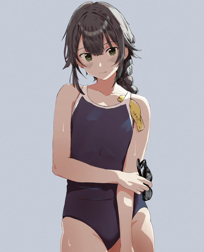 1girl absurdres black_hair blue_one-piece_swimsuit braid commentary_request competition_school_swimsuit flat_chest goggles green_eyes grey_background highres holding holding_goggles long_hair one-piece_swimsuit original school_swimsuit simple_background single_braid solo swimsuit unworn_goggles unworn_swim_cap x4824