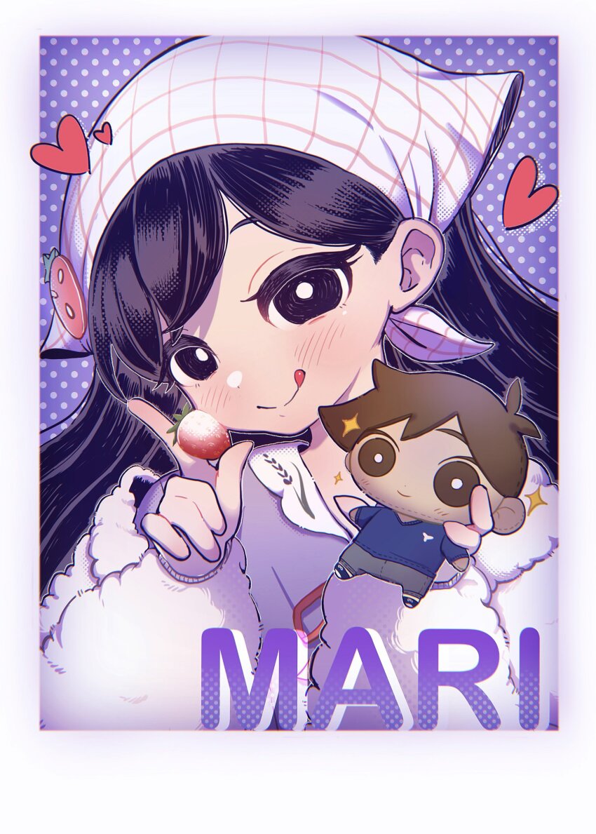 1girl absurdres black_eyes black_hair blush character_doll character_name closed_mouth doll food fruit heart hero_(faraway)_(omori) hero_(omori) highres holding holding_food holding_stuffed_toy long_sleeves looking_at_viewer mari_(birthday)_(omori) mari_(faraway)_(omori) mari_(omori) omori smile solo sparkle strawberry stuffed_toy tate_ware_anal tongue tongue_out