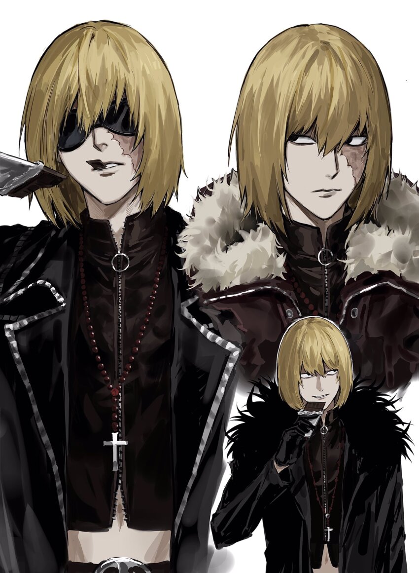 1boy bad_id bad_twitter_id black_jacket blonde_hair candy chocolate chocolate_bar closed_mouth cross cross_necklace death_note food food_in_mouth fur_trim highres holding holding_chocolate holding_food jacket jewelry male_focus mello_(death_note) multiple_views necklace scar scar_on_face short_hair simple_background sso_s teeth white_background zipper