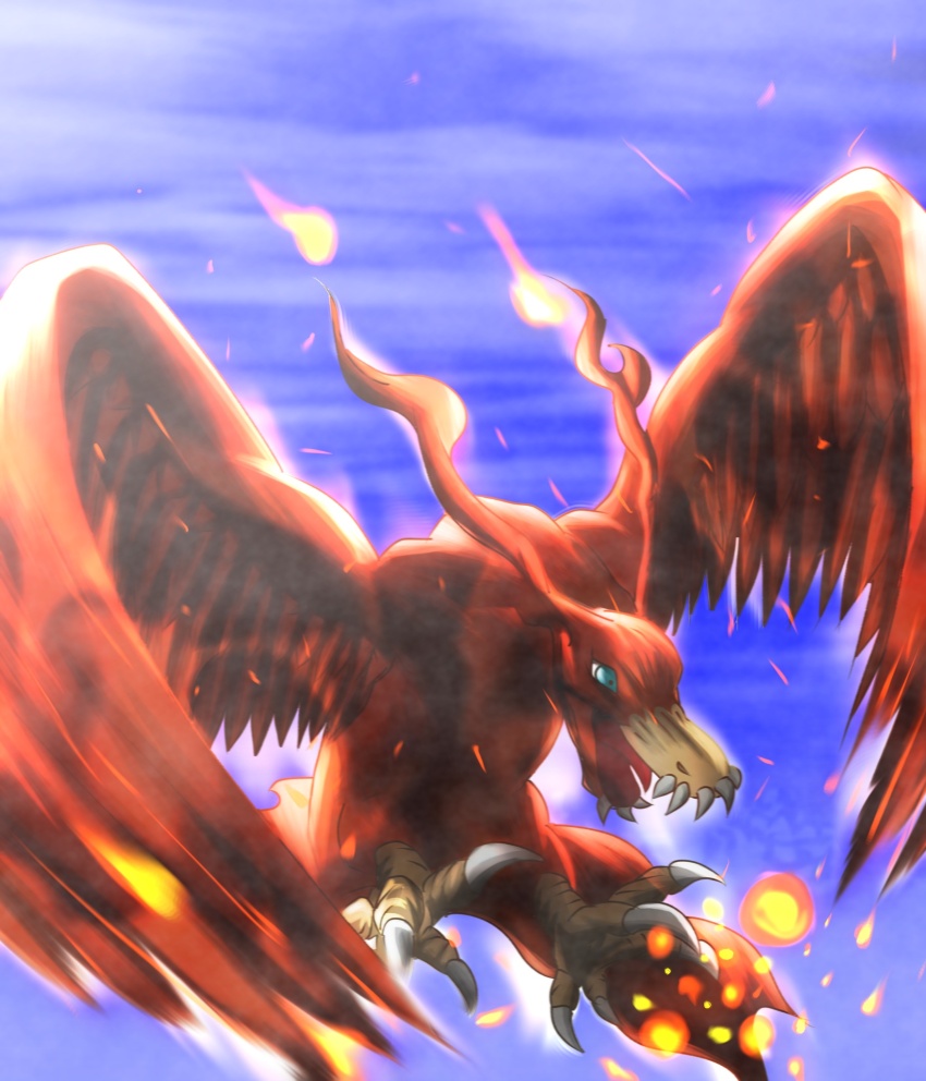 bird birdramon claws digimon digimon_(creature) dragon fire highres sharp_teeth solo teeth wings