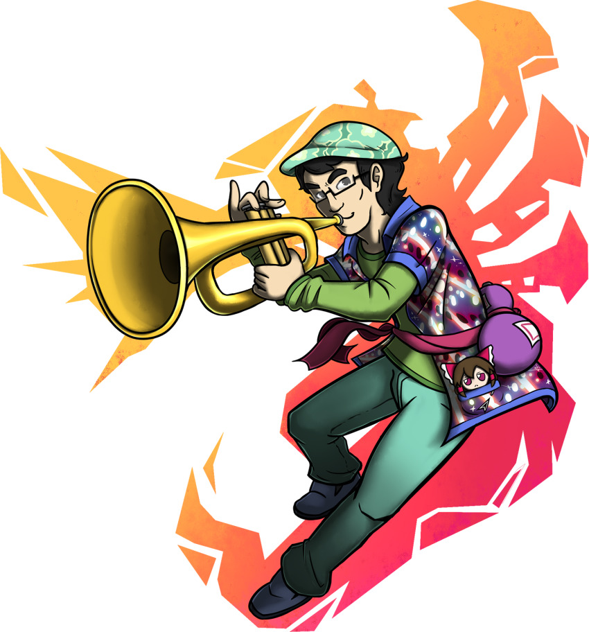 1boy belt black_footwear black_hair bottle character_doll danmaku danmaku_print floral_print fumo_(doll) glasses green_pants green_shirt hakurei_reimu headwear_request highres holding holding_instrument instrument jacket larryinc64 loafers looking_at_viewer male_focus meme music orange_outline outline pants playing_instrument purple_jacket sake_bottle shirt shoes siivagunner touhou transparent_background trumpet zun zun_hat