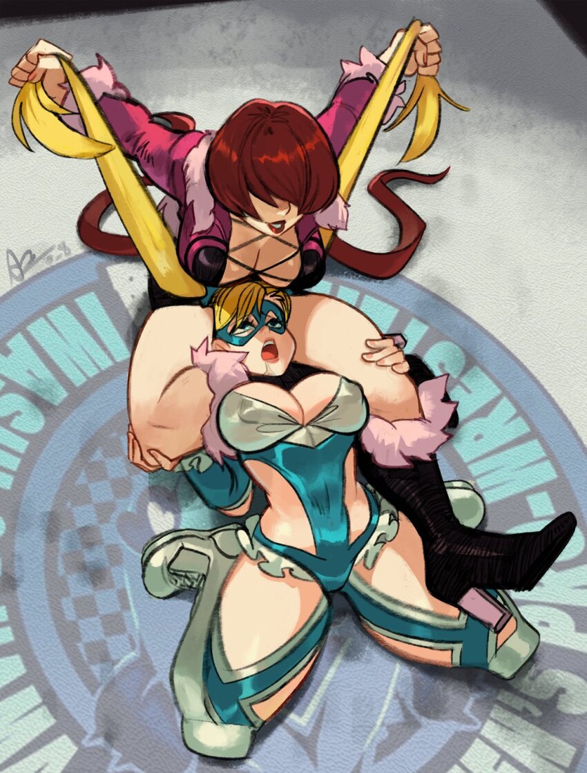 2girls alex_ahad black_boots blonde_hair boots breasts cleavage domino_mask eye_mask full_body grabbing_another&#039;s_hair hair_over_eyes high_heel_boots high_heels highres holding_another&#039;s_hair large_breasts long_hair mask multiple_girls rainbow_mika red_hair red_lips scissorhold shermie_(kof) street_fighter street_fighter_v the_king_of_fighters the_king_of_fighters_xv twintails wrestling_outfit wrestling_ring