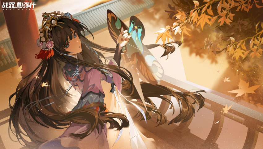 alternate_costume architecture artist_request autumn_leaves balcony black_hair blue_eyes china_dress chinese_clothes dress east_asian_architecture hair_ornament highres kite leaf long_hair looking_at_viewer maple_leaf official_alternate_costume official_art pillar punishing:_gray_raven qu_(pgr)