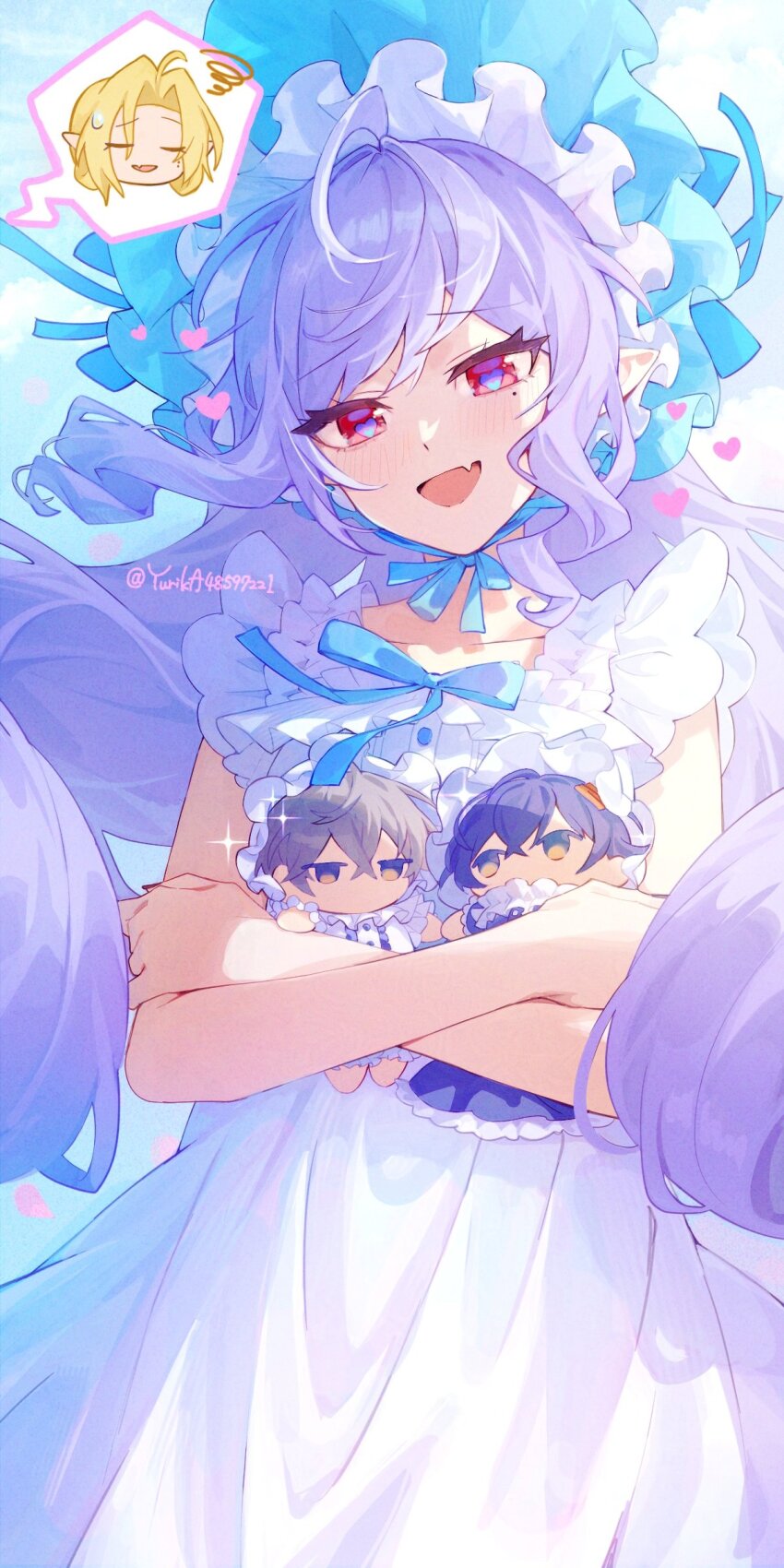 1boy 1girl :d absurdres ahoge artist_name belle_(zenless_zone_zero) blonde_hair blue_bonnet blue_ribbon blue_sky blush bonnet character_doll chibi closed_eyes cloud collarbone commentary_request day doll dress drill_hair eyelashes fang floating_hair frilled_bonnet frills hair_between_eyes heart heart-shaped_pupils highres holding holding_doll hugo_vlad long_hair looking_at_viewer mole mole_under_eye multicolored_hair open_mouth outdoors petals pointy_ears purple_hair raised_eyebrows red_eyes ribbon sidelocks skin_fang sky sleeveless sleeveless_dress smile solo sparkle speech_bubble spoken_character squiggle streaked_hair sweatdrop symbol-shaped_pupils twitter_username very_long_hair vivian_(zenless_zone_zero) white_dress white_hair wise_(zenless_zone_zero) yurika48597221 zenless_zone_zero