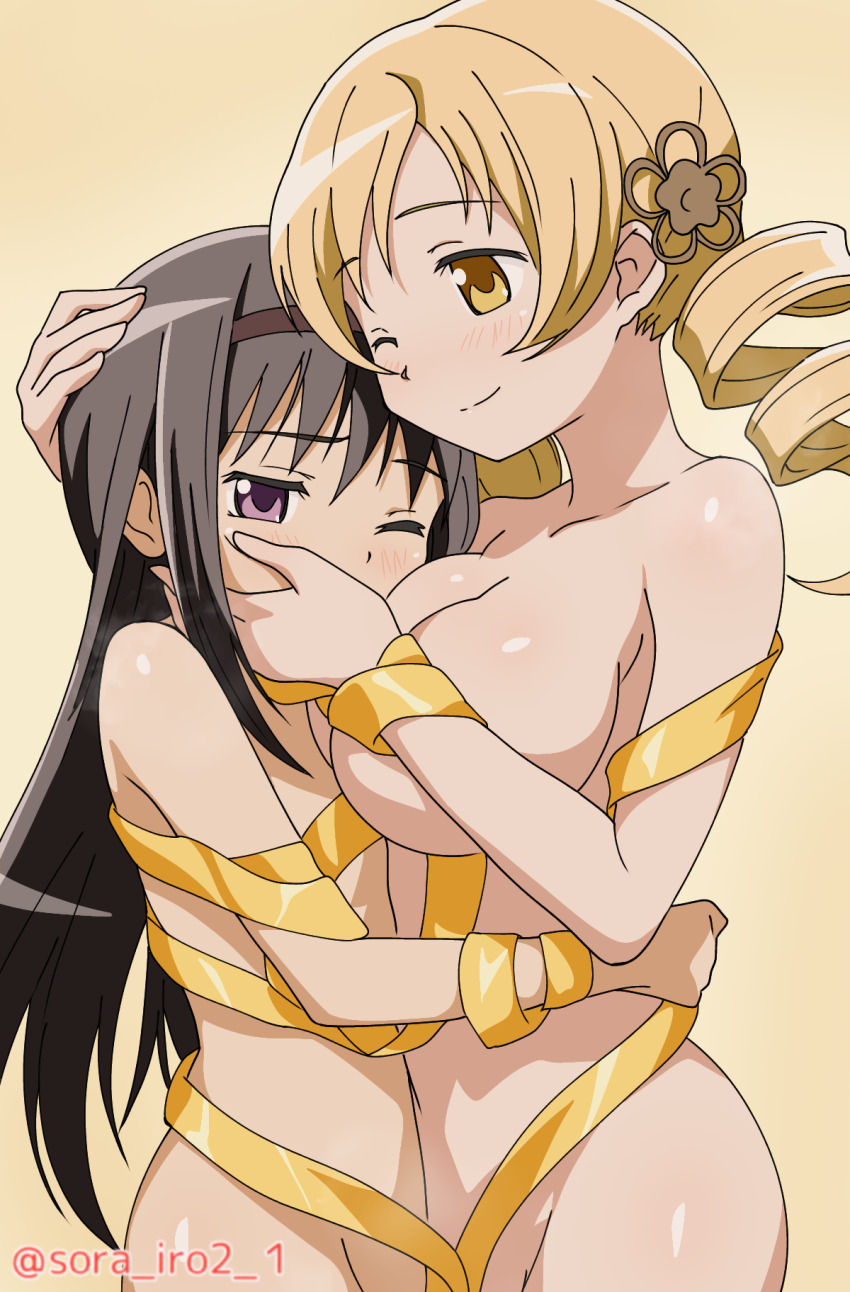 2girls akemi_homura black_hair black_hairband blonde_hair bound breasts commentary_request commission drill_hair face_to_breasts gold_ribbon hairband height_difference highres hug large_breasts long_hair mahou_shoujo_madoka_magica mahou_shoujo_madoka_magica_(anime) multiple_girls naked_ribbon one_eye_closed pixiv_commission purple_eyes ribbon ribbon_bondage simple_background small_breasts sora_nyan tomoe_mami very_long_hair yellow_background yellow_eyes yellow_ribbon yuri