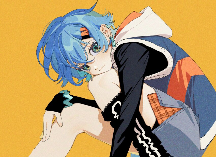 1girl absurdres adversarial_noise belle_(zenless_zone_zero) black_shirt blue_hair bracelet crossed_bangs earrings green_eyes grey_skirt hair_between_eyes hair_ornament hand_on_own_leg head_on_knee highres jewelry letter_hair_ornament long_sleeves looking_at_viewer multicolored_eyes multiple_earrings pd_honey shirt simple_background single_sock sitting skirt sleeveless sleeveless_jacket socks yellow_background zenless_zone_zero