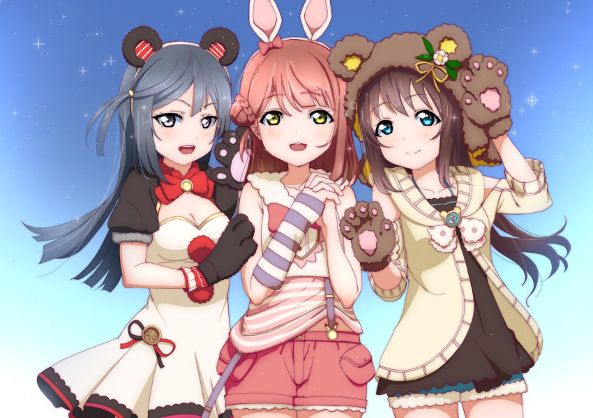 3girls animal_ears animal_hands animal_print aqua_eyes arm_warmers artist_name artist_request bare_shoulders bear_ears black_hair blue_eyes blue_hair blue_sky blush bow bowtie braid braided_bun breasts brown_bow brown_hair brown_jacket brown_shirt brown_sweater buttons cleavage cloud collarbone cowboy_shot crescent_moon crescent_moon_symbol cropped_vest dark_blue_hair detached_sleeves dress dress_shirt exciting_animal_(love_live!) fake_animal_ears female_focus fingers_together floating_hair flower fur-trimmed_pants fur-trimmed_shorts fur_trim gloves green_eyes green_pants green_shorts grey_eyes hair_between_eyes hair_bow hair_bun hairband highres hood hooded_vest hoodie jacket light_brown_jacket light_brown_sweater long_hair looking_at_viewer love_live! love_live!_nijigasaki_high_school_idol_club love_live!_school_idol_festival love_live!_school_idol_festival_all_stars miniskirt moon multiple_girls night night_sky orange_hair osaka_shizuku outdoors own_hands_together panda_ears pants parted_lips paw_gloves pink_bow pink_shirt plaid_clothes plaid_dress plaid_skirt pleated pleated_dress pleated_skirt polka_dot polka_dot_bow pom_pom_(clothes) ponytail puffy_short_sleeves puffy_sleeves rabbit_ears rabbit_print rabbit_tail red_bow red_hair red_shorts ribbon shirt short_hair short_pants short_shorts short_sleeves shorts side_bun side_ponytail single_detached_sleeve single_side_bun skirt sky sleeveless sleeveless_hoodie sleeveless_sweater small_breasts smile star_(symbol) striped_clothes striped_shirt suspender_shorts suspenders sweater tail uehara_ayumu vest wavy_hair white_dress white_flower white_hairband white_hoodie white_skirt white_vest yellow_eyes yellow_ribbon yuki_setsuna
