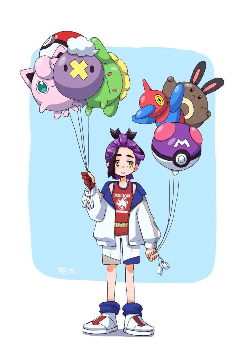balloon black_hair blue_socks closed_mouth drifloon game_freak gen_1_pokemon gen_2_pokemon gen_4_pokemon gloves highres holding holding_balloon jacket jigglypuff kanchan_kani kieran_(pokemon) male_focus master_ball mole mole_on_neck nintendo open_clothes open_jacket poke_ball poke_ball_(basic) pokemon pokemon_sv porygon-z purple_hair red_tank_top sentret shoes shorts simple_background single_glove skiploom socks standing tank_top two-tone_background white_shoes white_shorts yellow_eyes