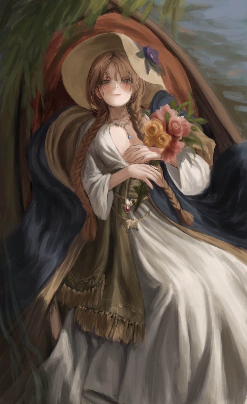 1girl absurdres bouquet braid breasts collar dress flower gold_can hair_flower hair_ornament hay highres long_hair looking_at_viewer original solo very_long_hair white_dress white_headwear
