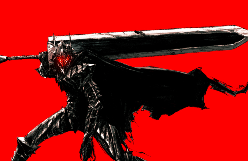 1boy armor berserk berserker_armor black_armor black_cape cape chun_lo dragonslayer_(sword) feet_out_of_frame fighting_stance full_armor glowing glowing_eyes greatsword guts_(berserk) helmet holding holding_sword holding_weapon legs_apart looking_at_viewer male_focus red_background red_eyes solo sword torn_cape torn_clothes weapon
