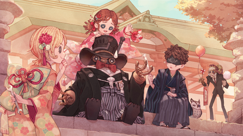1other 2boys 2girls :3 :o back_bow bag bald balloon bird black_eyes black_headwear black_jacket black_kimono blindfold blonde_hair blue_kimono blue_sky bonbon_(identity_v) bow bowtie brown_hair burke_(identity_v) button_eyes buttons candy cherry_blossom_print chitose_ame climbing closed_mouth collared_shirt commentary_request cotton_candy covering_own_mouth day double_sided_wrench drawstring drawstring_bag egasumi eli_clark facial_mark film_grain floral_print flower flower_knot food formal_clothes frilled_sleeves frills goggles green_bow green_eyes grey_hakama hair_bow hair_flower hair_ornament hakama han&#039;eri hand_on_lap hand_over_own_mouth hand_up haori haori_himo hat hifu highres holding holding_balloon holding_behind_back holding_candy holding_cotton_candy holding_food holding_pinwheel holding_wrench identity_v jacket japanese_clothes joints kanzashi kimono kinchaku lily_barriere long_sleeves looking_at_another low_twintails medium_hair multiple_boys multiple_girls necktie non-humanoid_robot obi official_art okobo old old_man on_head open_mouth orange_kimono outdoors outstretched_arm owl parted_bangs pink_bag pink_kimono pinwheel platform_sandals pointy_ears pouch print_kimono promotional_art prosthesis prosthetic_hand red_bow red_bowtie red_flower red_necktie robot robot_joints sandals sash scar scar_on_face scar_on_head scar_on_nose shichi-go-san shirt short_hair short_twintails shrine sideburns sitting sitting_on_stairs sky smile socks stairs standing stone_stairs suit sweatdrop tabi tassel tassel_hair_ornament top_hat tracy_reznik traditional_bowtie tree twintails white_hair white_socks wide_sleeves wing_collar wrench zouri