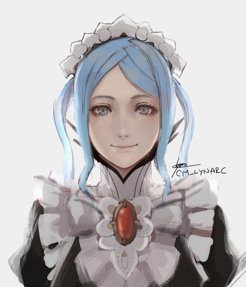1girl artist_name blue_eyes blue_hair closed_mouth eyelashes fire_emblem fire_emblem_fates flora_(fire_emblem) gem highres long_hair looking_at_viewer lynarc maid nintendo red_gemstone smile solo straight-on twitter_username upper_body