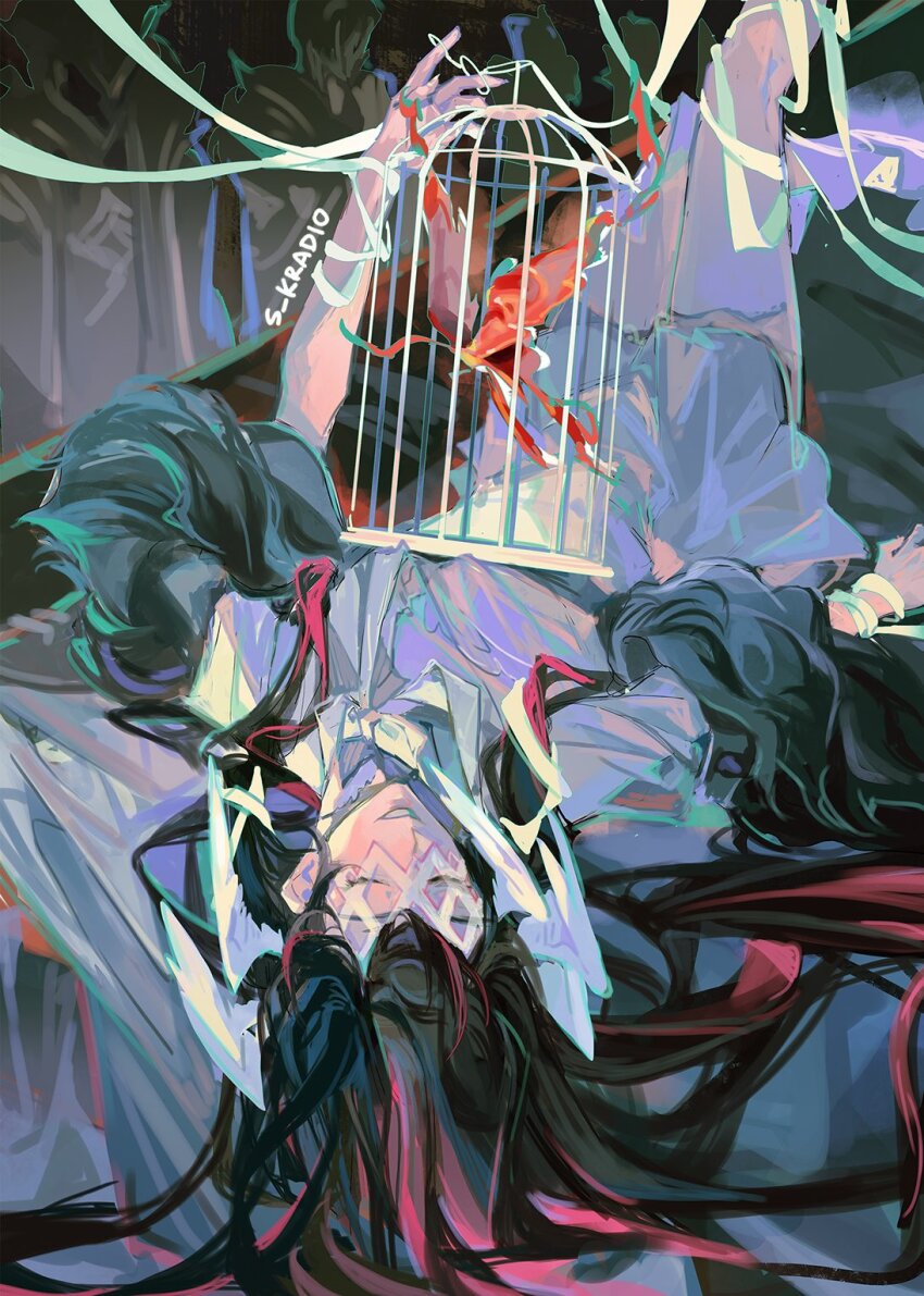 1girl birdcage black_hair cage closed_eyes columbina_(genshin_impact) crystalfly_(genshin_impact) dress genshin_impact highres holding holding_cage long_hair mask multicolored_hair pink_hair ren_(s_kradio) two-tone_hair upside-down white_dress