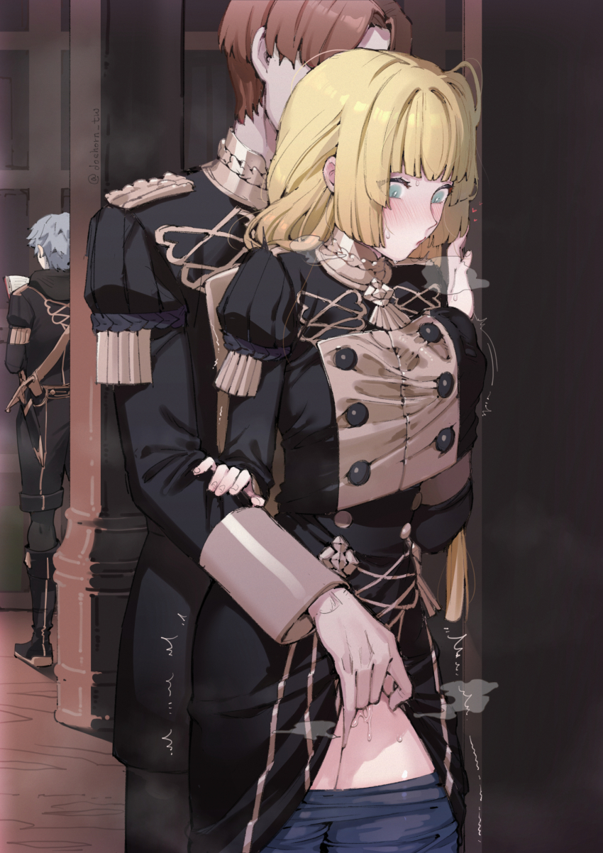 1girl 2boys against_wall ashe_ubert blonde_hair blunt_bangs blush book breasts clothes_pull commentary_request doehorn faceless faceless_male facing_away fingering fingering_from_behind fire_emblem fire_emblem:_three_houses garreg_mach_monastery_uniform grabbing_another&#039;s_breast grabbing_from_behind green_eyes grey_hair groping heart heavy_breathing hetero highres holding holding_book ingrid_brandl_galatea long_hair long_sleeves looking_down medium_breasts multiple_boys nintendo nose_blush open_mouth pantyhose pantyhose_pull pillar public_indecency pussy_juice quiver scabbard sheath short_hair squishing standing steaming_body sweat sword thighs twitter_username vaginal weapon