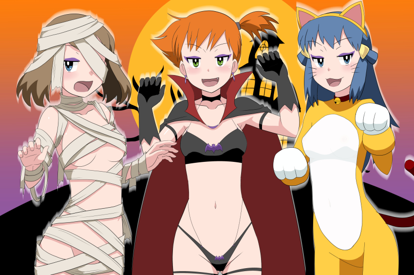 3girls animal_costume animal_ears blue_eyes blue_hair blush breasts brown_hair cat_costume cleavage coat collarbone crop_top dawn_(pokemon) gloves halloween halloween_costume hat highres kakkii legs long_hair looking_at_viewer makeup may_(pokemon) medium_breasts midriff miniskirt misty_(pokemon) multiple_girls mummy mummy_costume navel nintendo open_clothes open_shorts orange_hair pink_skirt pokemon pokemon_(anime) pokemon_(classic_anime) pokemon_dppt_(anime) pokemon_rse_(anime) short_hair shorts skirt stomach tail takaya_n thong vampire vampire_costume very_long_hair white_background white_headwear