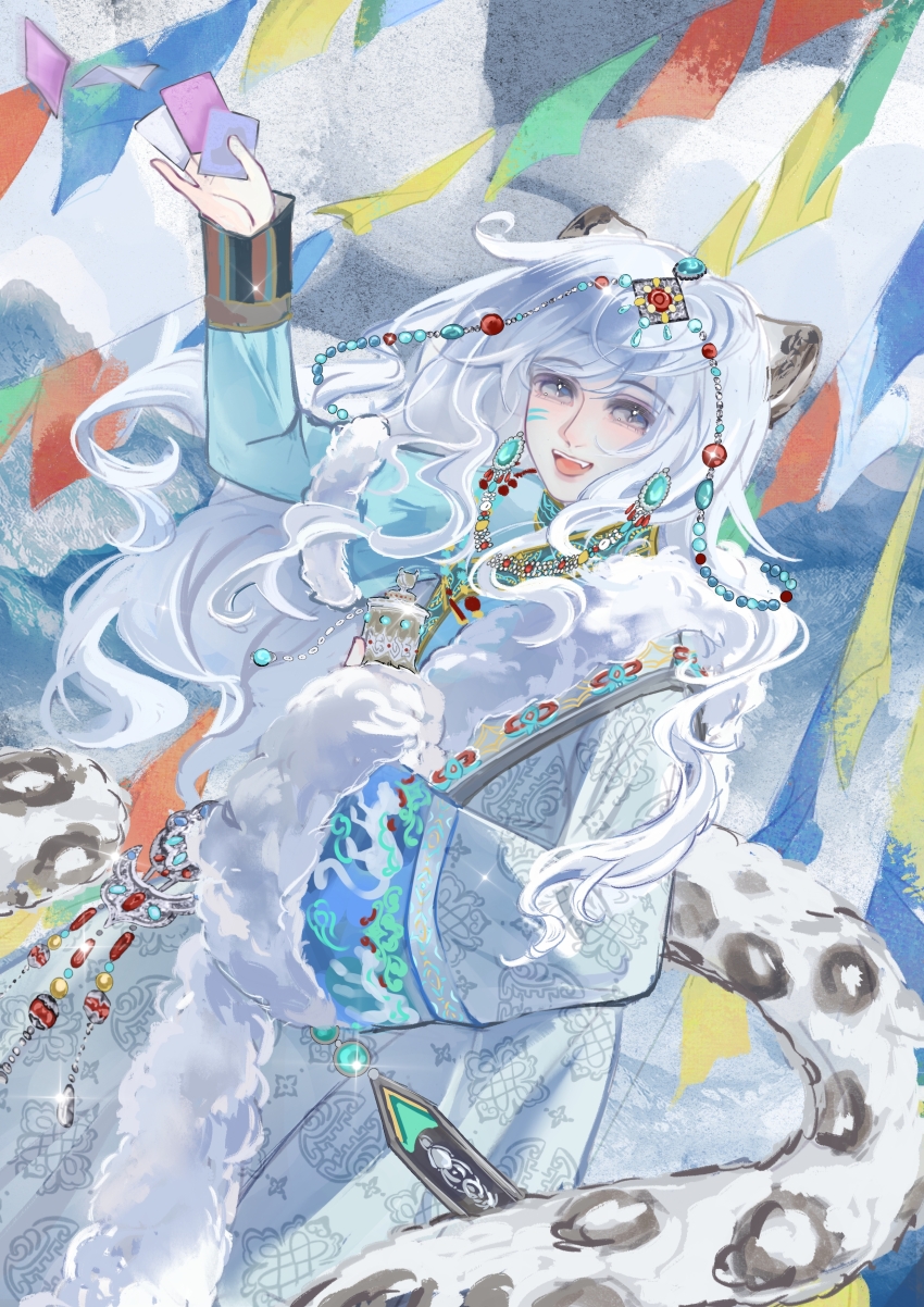 1girl absurdres animal_ears blue_hanfu chinese_clothes circlet cowboy_shot facial_mark fangs fur-trimmed_robe fur-trimmed_sleeves fur_trim grey_eyes hanfu happy highres holding holding_jar jar jewelry layered_sleeves leopard_ears leopard_girl leopard_tail light_blush long_hair long_sleeves looking_at_viewer mountain necklace nikki_(series) open_mouth outdoors outstretched_hand qingxu robe shining_nikki short_over_long_sleeves short_sleeves sleeves_past_wrists smile snow snow_hidden_leopard_(shining_nikki) solo standing string_of_flags swept_bangs tail teeth upper_teeth_only wavy_hair whisker_markings white_hair white_robe winter_clothes