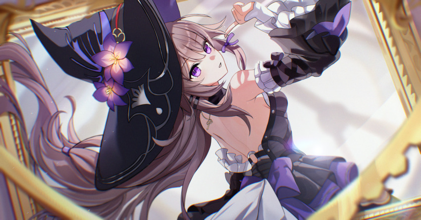 1girl backless_dress backless_outfit bare_back bare_shoulders black_dress black_hat commentary detached_sleeves dress flower grey_hair hat hat_flower herta_(honkai:_star_rail) highres honkai:_star_rail honkai_(series) long_hair long_sleeves looking_at_viewer mincokeikeujeongol parted_lips purple_eyes purple_flower solo the_herta_(honkai:_star_rail) upper_body very_long_hair witch_hat