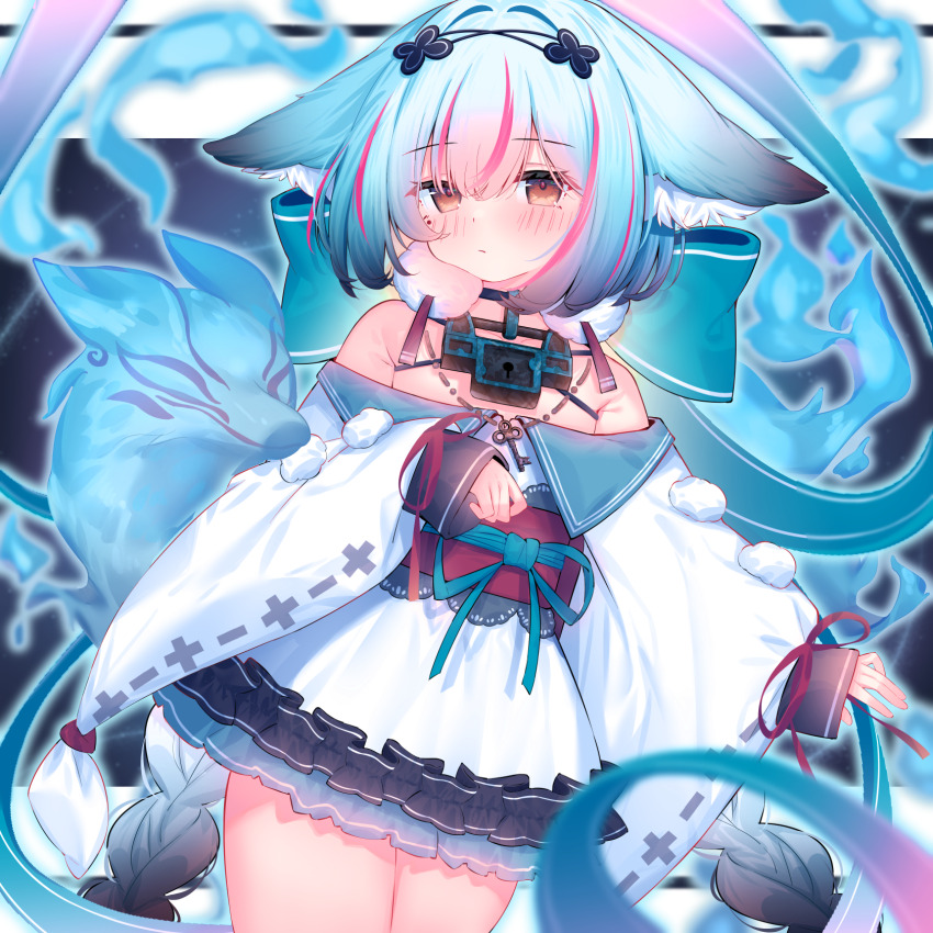 1girl animal_ear_fluff animal_ears armpit_crease back_bow bare_shoulders blue_bow blue_hair blush bms bow braid brown_eyes clover_hair_ornament commentary_request commission cowboy_shot dress eip_(pepai) four-leaf_clover_hair_ornament fox frilled_kimono frills hair_between_eyes hair_intakes hair_ornament highres japanese_clothes kimono large_bow lock long_hair long_sleeves looking_at_viewer multicolored_hair obi obijime off-shoulder_dress off_shoulder original padlock padlocked_collar pink_hair pom_pom_(clothes) red_ribbon ribbon ribbon-trimmed_sleeves ribbon_trim sash short_kimono sleeve_ribbon solo streaked_hair twin_braids very_long_hair white_kimono wide_sleeves