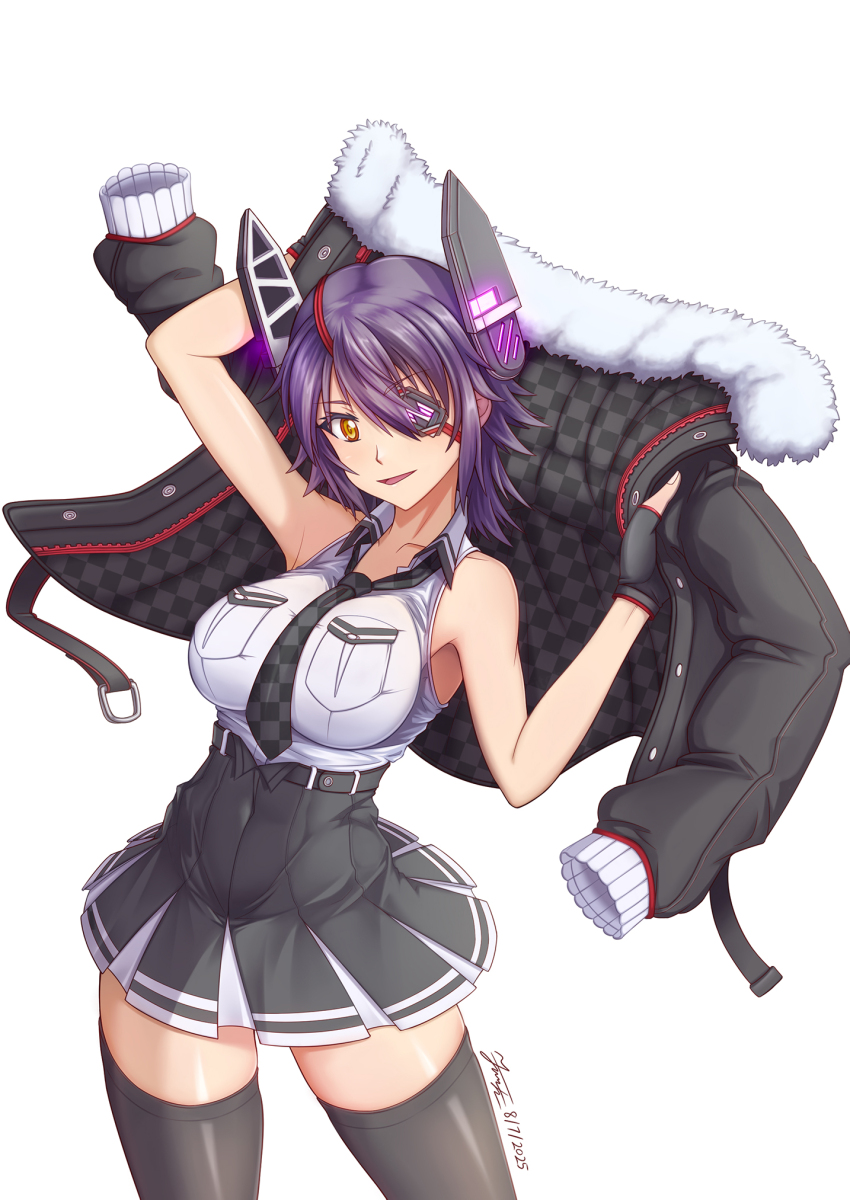 1girl black_gloves black_jacket black_thighhighs breast_pocket breasts checkered_clothes checkered_necktie eyepatch fur-trimmed_jacket fur_trim gloves hair_between_eyes headgear high-waist_skirt highres holding_unworn_jacket jacket kantai_collection kkkowy0913 large_breasts looking_at_viewer necktie partially_fingerless_gloves pocket purple_hair shirt short_hair skirt sleeveless sleeveless_shirt smile solo tenryuu_(kancolle) tenryuu_kai_ni_(kancolle) thighhighs white_shirt yellow_eyes