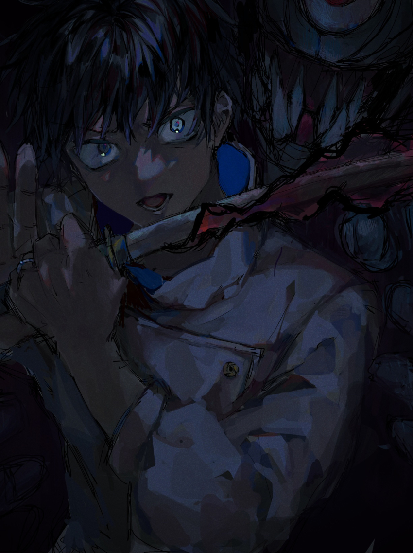 1boy black_hair cursed_energy_(jujutsu_kaisen) dark hands_up high_collar highres holding holding_sword holding_weapon jacket jewelry jujutsu_kaisen jujutsu_tech_uniform katana male_focus okkotsu_yuuta orimoto_rika ring shikigami siuroi sword translation_request weapon white_jacket