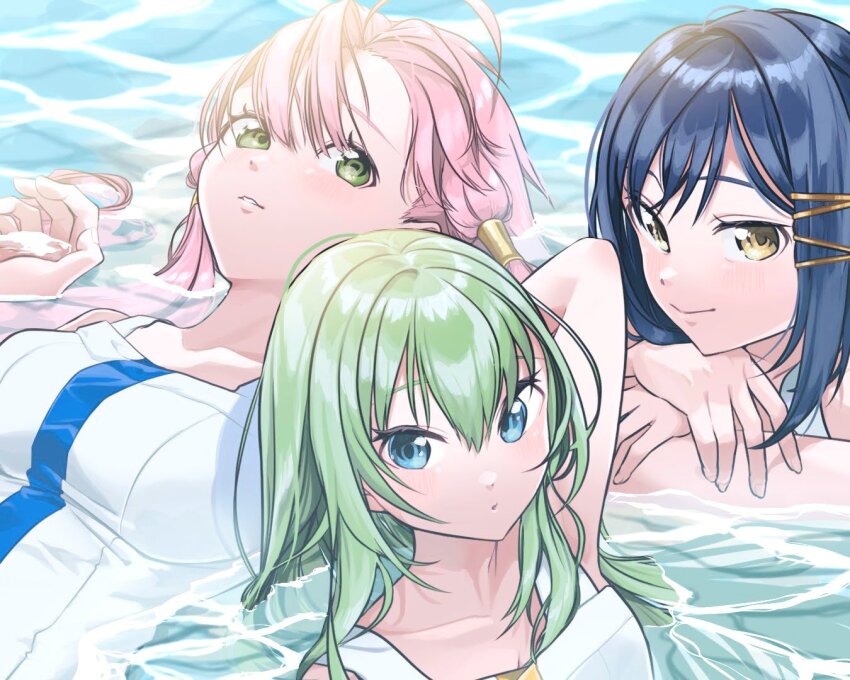 3girls adapted_costume aika_granzchesta alice_carroll aogirism aria_(manga) arm_up blue_eyes blue_hair blush breasts brown_eyes closed_mouth collarbone dress green_eyes green_hair hair_between_eyes hair_ornament hair_tubes hairclip impossible_clothes long_hair looking_at_viewer lying medium_breasts mizunashi_akari multiple_girls on_back on_stomach parted_bangs parted_lips partially_submerged pink_hair short_hair short_hair_with_long_locks sidelocks smile water white_dress