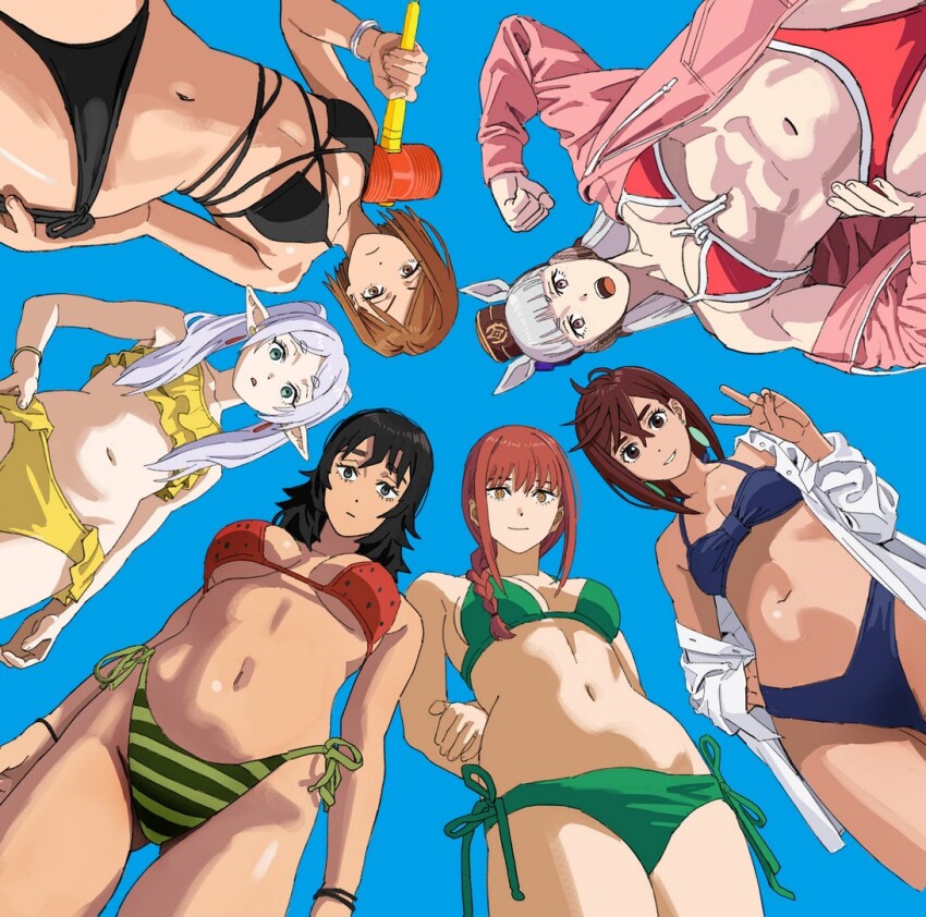6+girls alternate_costume anya_(mouthwashing) arms_behind_back ayase_momo bare_arms bare_shoulders bikini black_bikini black_hair blue_bikini blue_sky blunt_bangs breasts brown_eyes brown_hair chainsaw_man clenched_hand closed_mouth commentary crossed_bangs crossover dandadan double-parted_bangs elf english_commentary frieren frilled_bikini frills from_below gold_ship_(umamusume) green_bikini green_eyes hair_between_eyes hand_on_own_hip holding holding_mallet jacket jujutsu_kaisen kugisaki_nobara large_breasts long_braid long_hair looking_at_viewer looking_down makima_(chainsaw_man) mallet medium_breasts mismatched_bikini mouthwashing multiple_crossover multiple_girls muscular muscular_female navel open_clothes open_mouth open_shirt parted_lips pink_jacket pointy_ears purple_eyes red_bikini red_hair shiren_(ourboy83) shirt short_hair sidelocks simple_background sky small_breasts smile sousou_no_frieren stomach striped_bikini striped_clothes swimsuit toy_hammer twintails umamusume v white_bikini white_hair white_shirt yellow_bikini yellow_eyes