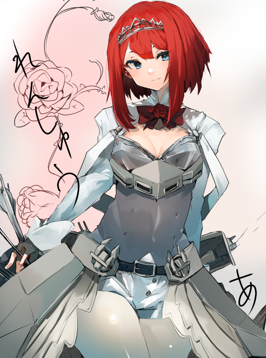 1girl absurdres ark_royal_(kancolle) black_gloves blue_eyes bob_cut bow bowtie breasts cleavage cowboy_shot fingerless_gloves flower gloves highres kantai_collection long_sleeves looking_at_viewer red_bow red_bowtie red_flower red_hair red_rose rose short_hair small_breasts smile solo sunday_aki tiara