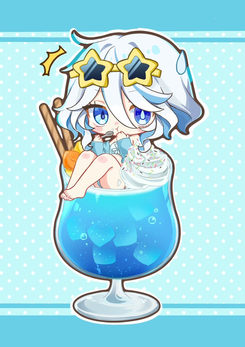 1girl :t ^^^ air_bubble alternate_costume bare_shoulders blue_background blue_dress blue_eyes blue_hair blush bubble chibi chibi_only commentary_request cup dress drinking_glass drop-shaped_pupils eyewear_on_head food fruit furina_(genshin_impact) genshin_impact hair_between_eyes heterochromia highres holding holding_spoon hurricane_glass in_container in_cup light_blue_hair long_hair looking_at_viewer mismatched_pupils multicolored_hair osusiuma0026 solo spoon sprinkles star-shaped_eyewear star_(symbol) streaked_hair sunglasses symbol-shaped_pupils tinted_eyewear toes wafer_stick whipped_cream white_hair yellow-framed_eyewear