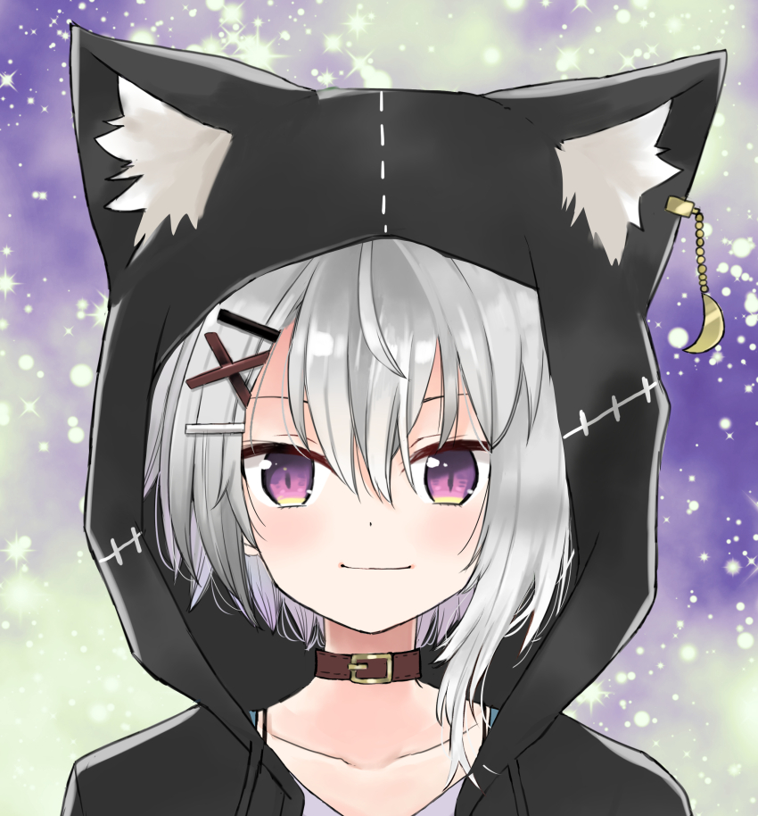 1boy absurdres animal_ear_fluff animal_ears black_jacket brown_collar closed_mouth collar copyright_request crescent drawstring eyebrows_hidden_by_hair fake_animal_ears grey_hair hair_between_eyes hair_ornament hairclip highres hood hood_up hooded_jacket jacket male_focus mito_(go!go!king!) multicolored_hair purple_eyes purple_hair purple_shirt shirt smile solo two-tone_hair upper_body virtual_youtuber x_hair_ornament