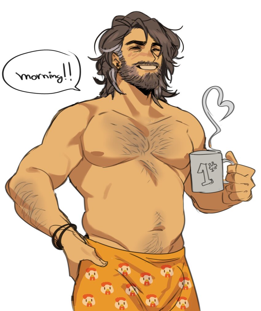 1boy absurdres arm_hair bara beard closed_eyes cup facial_hair fields_of_mistria full_beard hayden_(fields_of_mistria) highres holding holding_cup luiki male_focus mature_male medium_hair mug multicolored_hair navel navel_hair pectorals simple_background solo sparse_chest_hair speech_bubble topless_male two-tone_hair white_background
