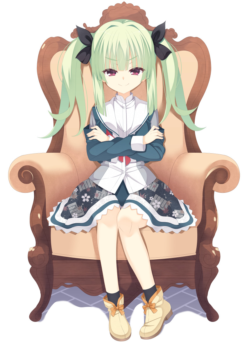 &gt;:) 1girl absurdres alternate_hairstyle armchair black_bow blunt_bangs blunt_ends boots bow chair cherry_blossom_print closed_mouth commentary_request crossed_arms floral_print full_body green_jacket green_skirt hair_bow hair_intakes highres hime_cut incredibly_absurdres jacket kaon_zz long_hair long_sleeves looking_at_viewer mesugaki murasame_(senren) official_alternate_costume red_eyes sailor_collar school_uniform senren_banka serafuku shirt sidelocks simple_background sitting skirt smile smug solo split_mouth twintails v-shaped_eyebrows white_background white_sailor_collar white_shirt yellow_boots