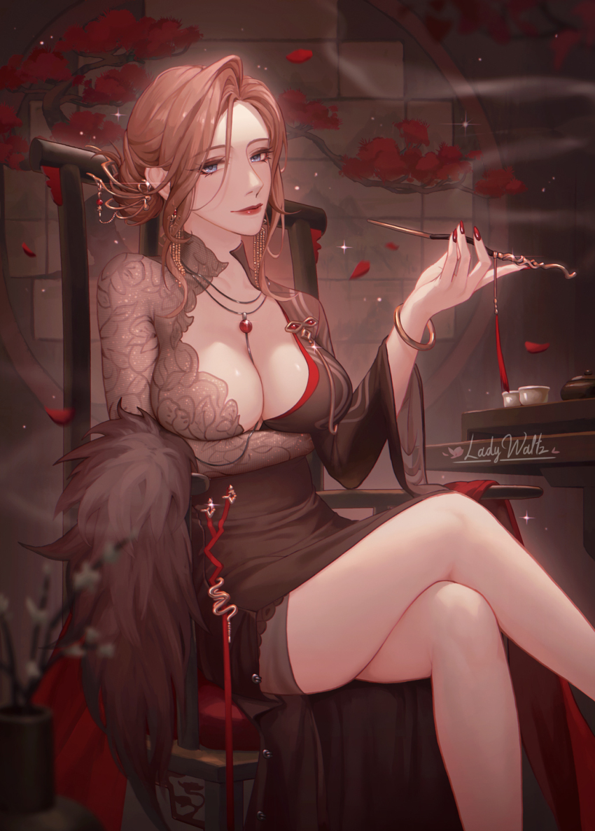1girl arm_under_breasts artist_name bare_legs blue_eyes breasts brown_hair chair chameleon_(path_to_nowhere) cleavage crossed_legs earrings feet_out_of_frame hair_bun hair_ornament hand_up high-waist_dress highres jewelry ladywaltz large_breasts looking_at_viewer low-tied_medium_hair medium_hair nail_polish necklace official_alternate_costume path_to_nowhere red_lips red_nails sitting smile solo thighs